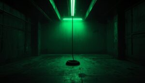 Coiled rope centered in neon green workspace representing controlled stress and pressure management