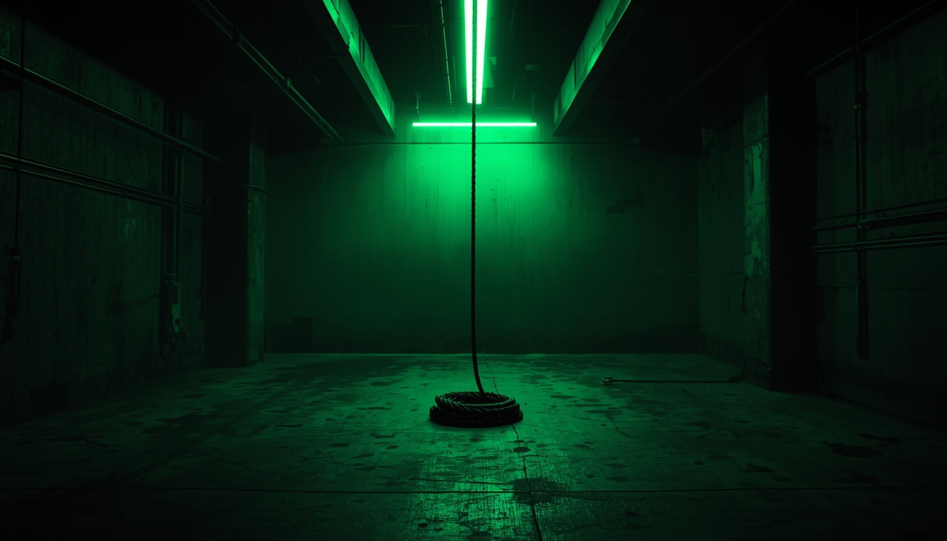 Coiled rope centered in neon green workspace representing controlled stress and pressure management