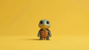 3D animated turtle on yellow background symbolizing steady first-generation endurance