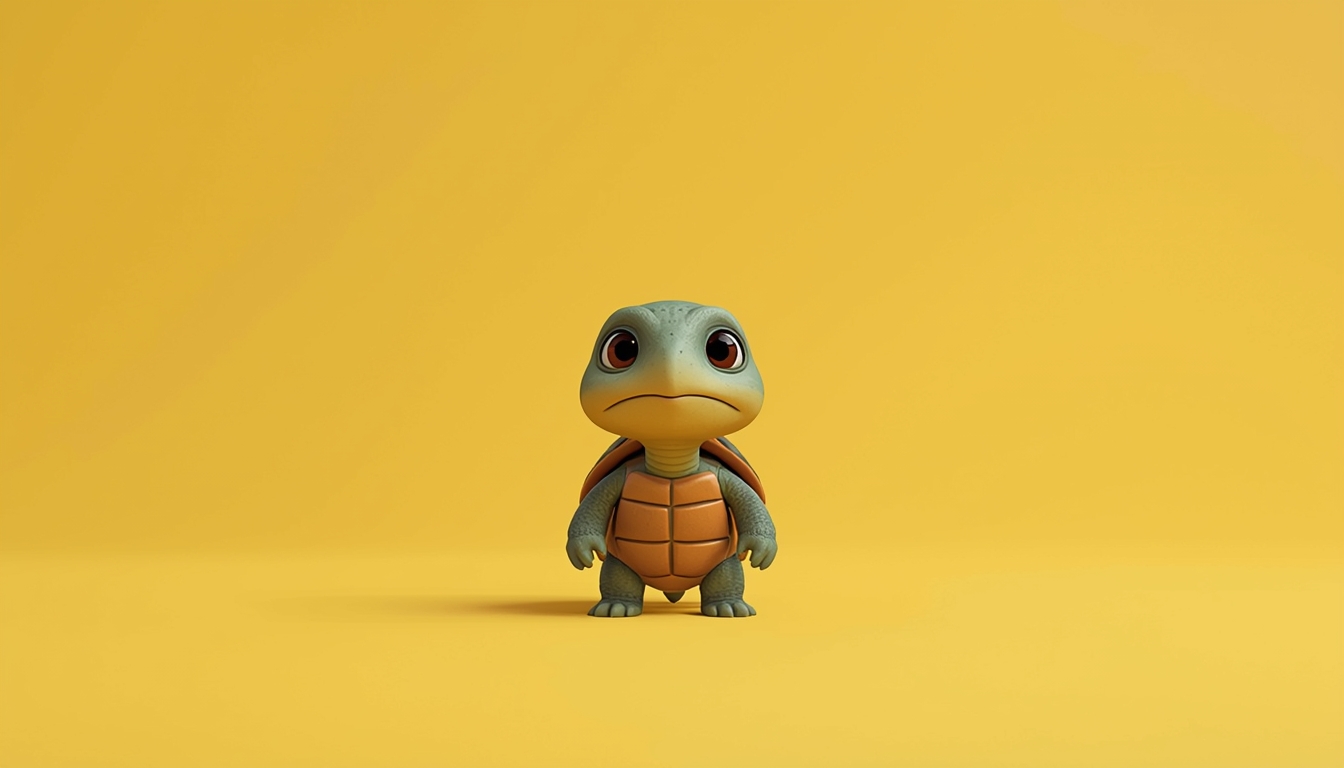 3D animated turtle on yellow background symbolizing steady first-generation endurance