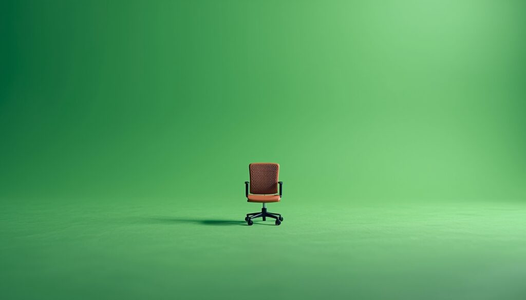 Empty toy office chair on a neon green background symbolizing silent job loss.