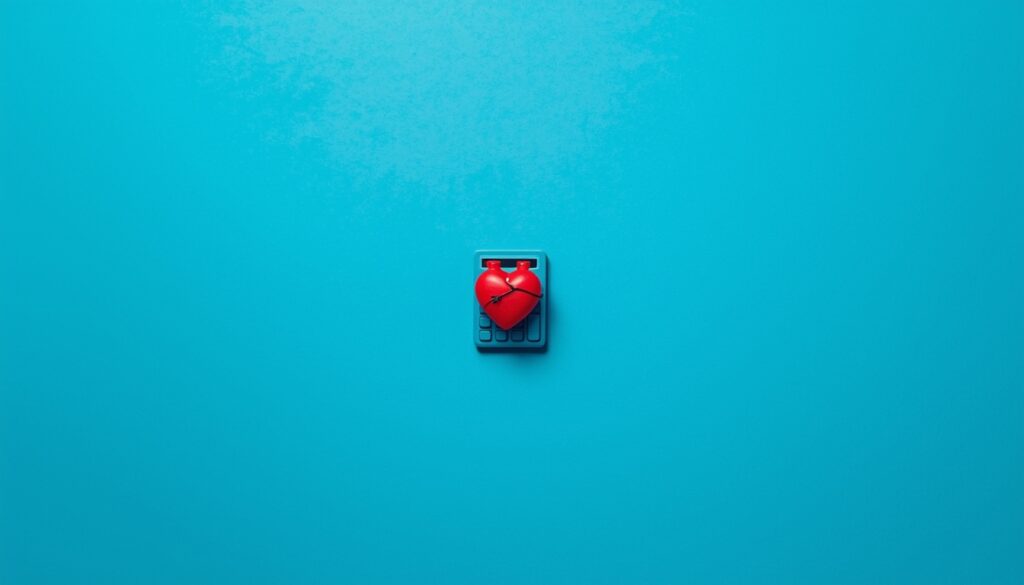 Toy heart tied to a toy calculator on a neon blue background symbolizing emotion versus economics.