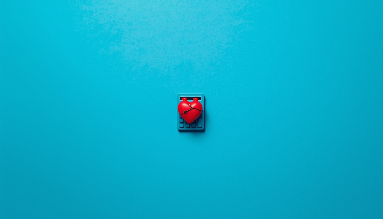 Toy heart tied to a toy calculator on a neon blue background symbolizing emotion versus economics.