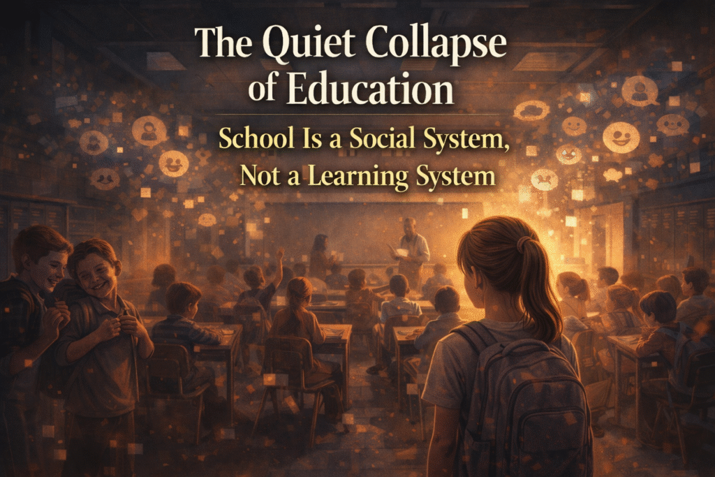 Child standing in a classroom observing other students, with digital social icons floating above, representing school as a social system.