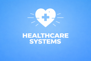 Minimalist blue cover featuring a white healthcare heart icon and the title ‘Healthcare Systems’ for The Quiet Investor.