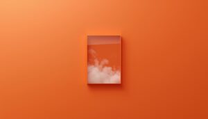 Minimalist clear glass cube filled with fog on bold orange background representing transparency without consequence in The Quiet Truth Project.