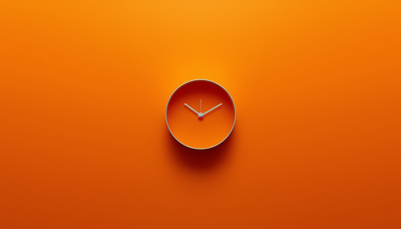 Minimalist broken clock on a bold orange background representing time as a shield in The Quiet Truth Project