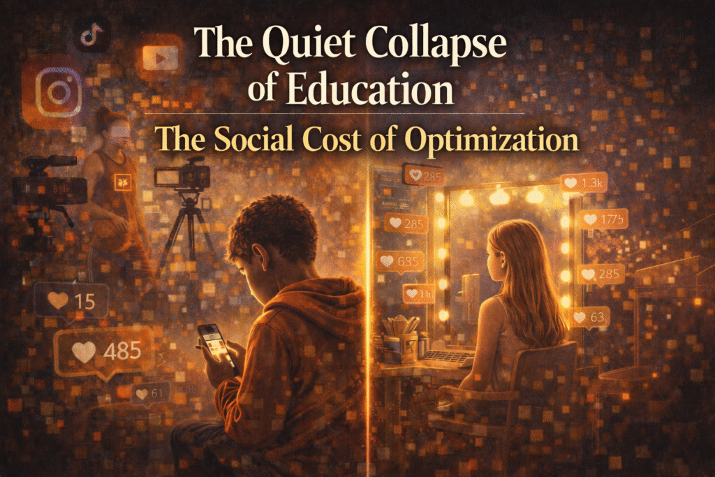 Teenage boy using a smartphone and young athlete near a camera, with a girl at a vanity surrounded by social media icons, representing the impact of optimization on youth identity.