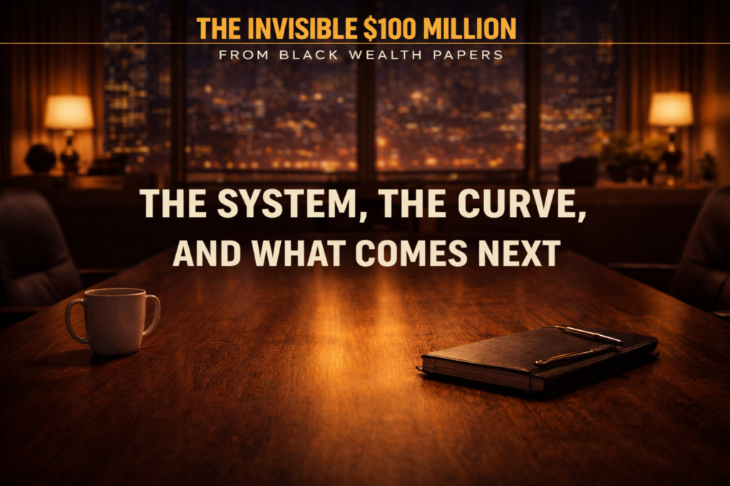 Symbolic cover image for The Invisible $100 Million blog series showing a quiet office table at night with a notebook and coffee mug overlooking a city skyline, representing reflection, systems, and long-term thinking beyond the spotlight.