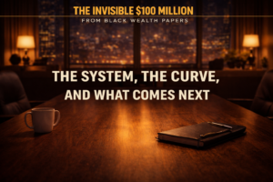 Symbolic cover image for The Invisible $100 Million blog series showing a quiet office table at night with a notebook and coffee mug overlooking a city skyline, representing reflection, systems, and long-term thinking beyond the spotlight.