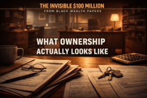 Symbolic cover image for The Invisible $100 Million blog series showing keys, documents, and quiet workspaces representing ownership built outside the spotlight