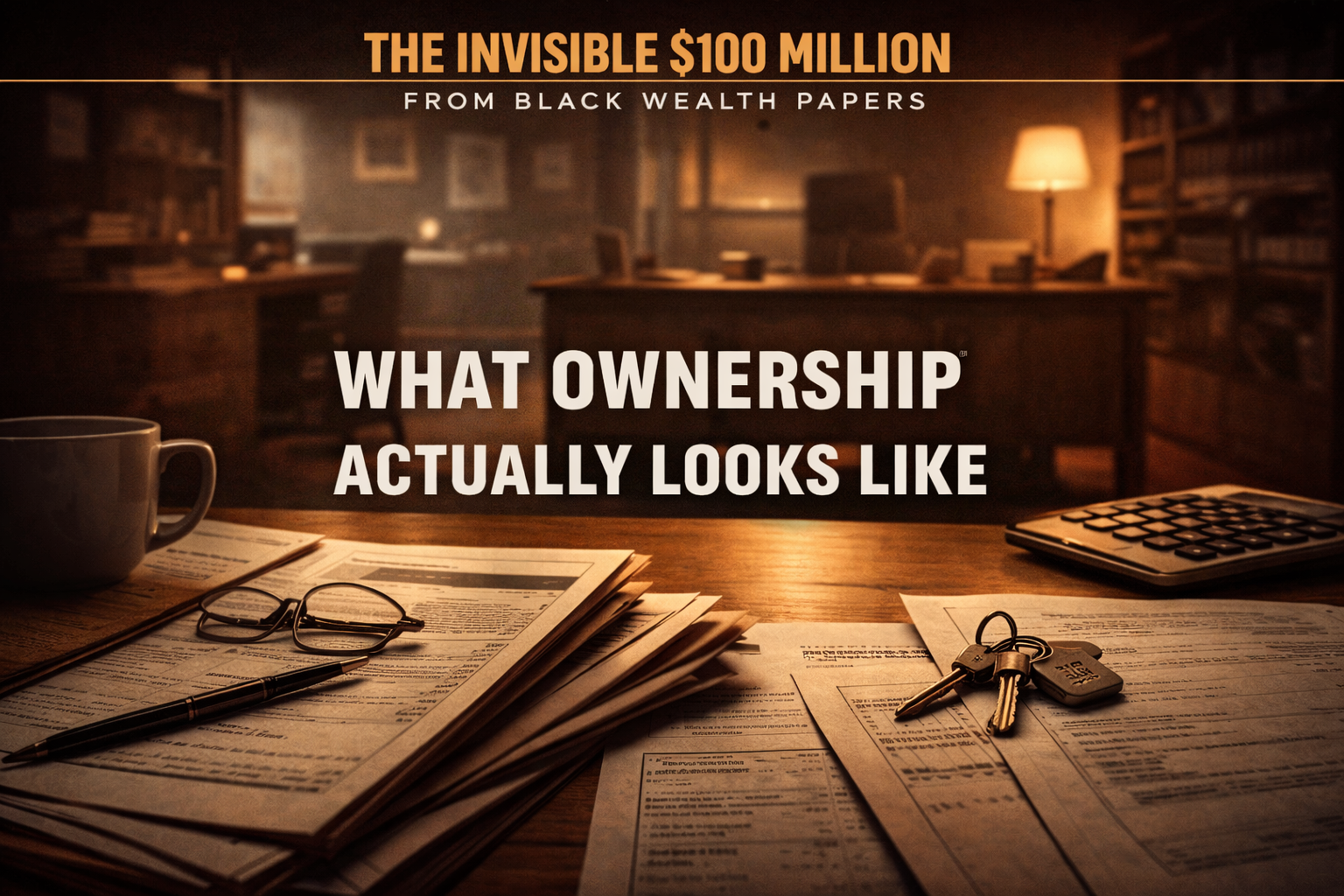 Symbolic cover image for The Invisible $100 Million blog series showing keys, documents, and quiet workspaces representing ownership built outside the spotlight
