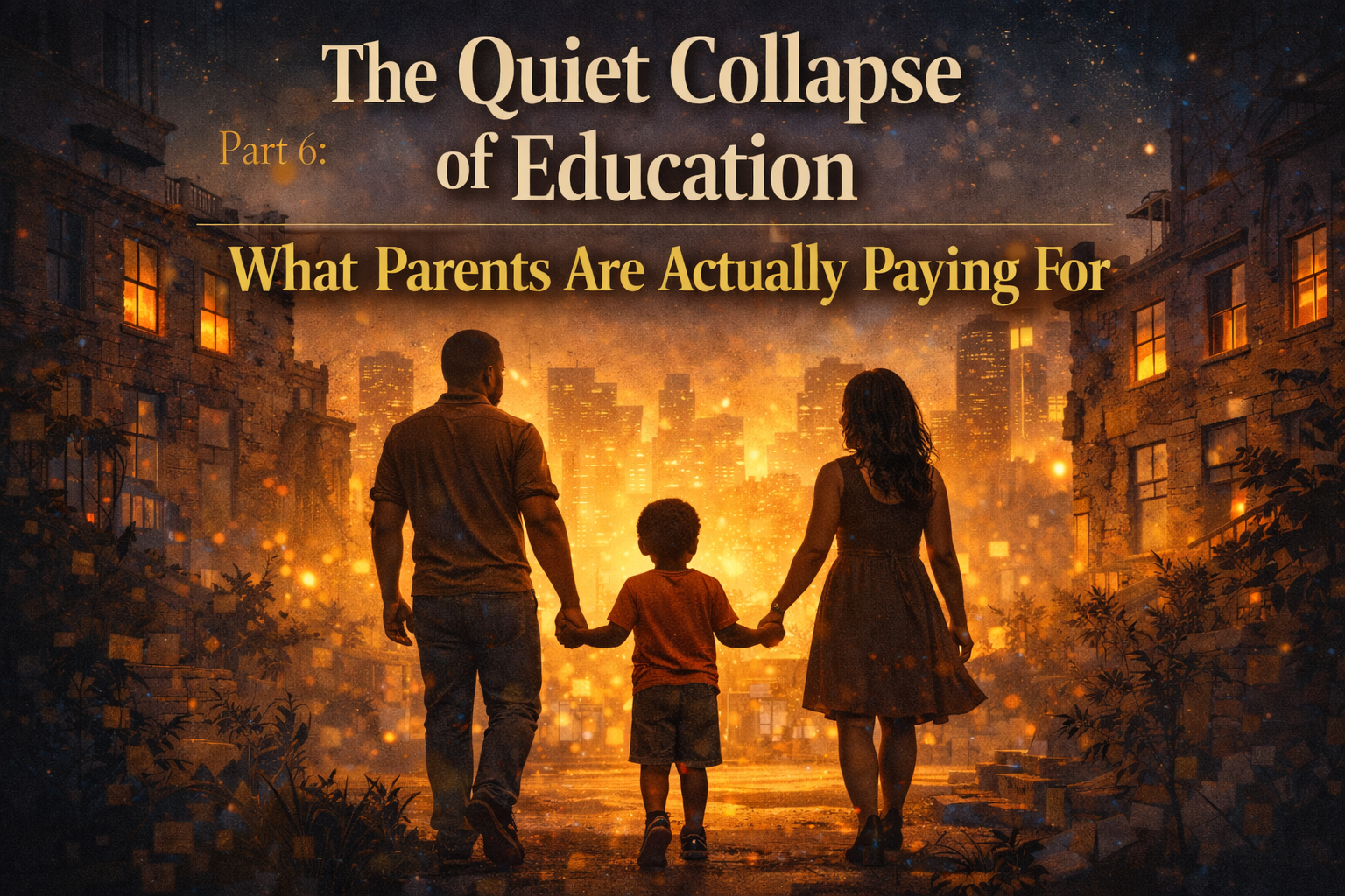 Family walking hand in hand toward a glowing city, symbolizing parents investing in environment and structure over academic content.
