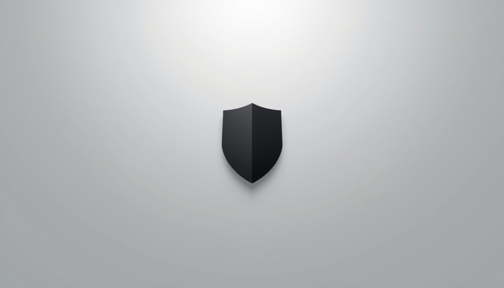 Minimalist black shield on a light grey background symbolizing quiet authority built through trust.