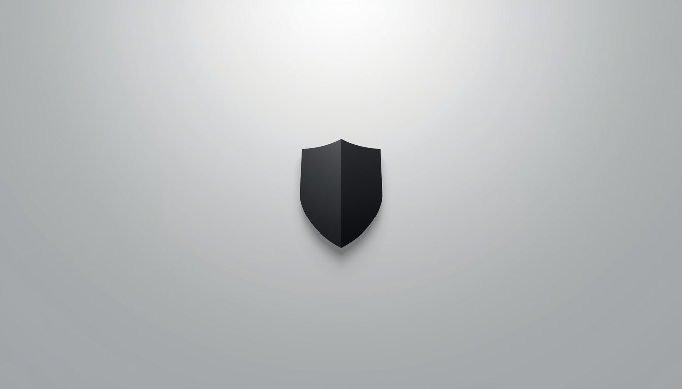 Minimalist black shield on a light grey background symbolizing quiet authority built through trust.