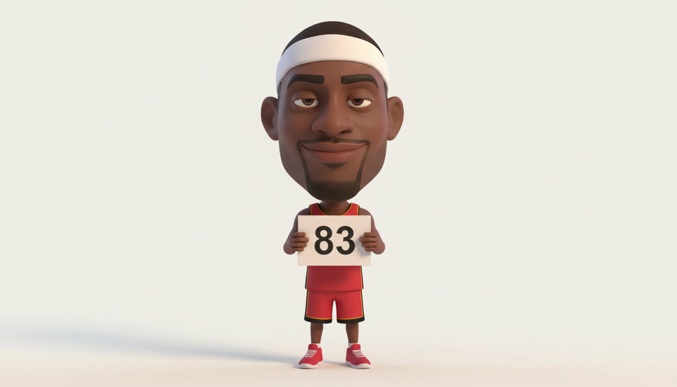 3D cartoon basketball player holding an “83” sign on a clean background