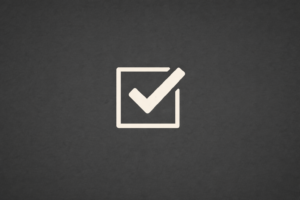 Minimalist beige checkmark inside a square outline on a dark charcoal textured background, representing selecting the right first business path.