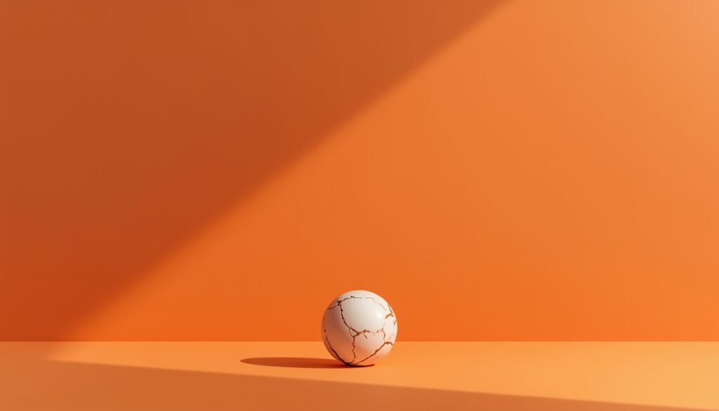 Minimalist small sphere against a large shadowed wall on bold orange background representing power imbalance in The Quiet Truth Project.