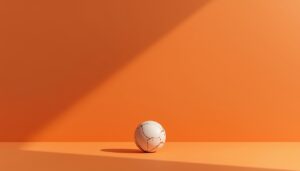 Minimalist small sphere against a large shadowed wall on bold orange background representing power imbalance in The Quiet Truth Project.