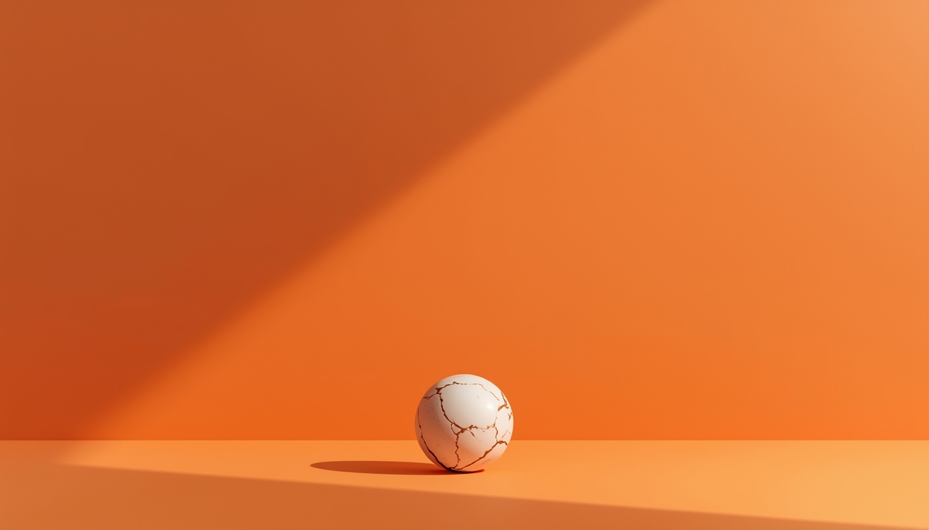 Minimalist small sphere against a large shadowed wall on bold orange background representing power imbalance in The Quiet Truth Project.