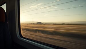 View from inside a moving train looking through a window at softly blurred landscape in warm golden light, capturing a quiet reflective travel moment.