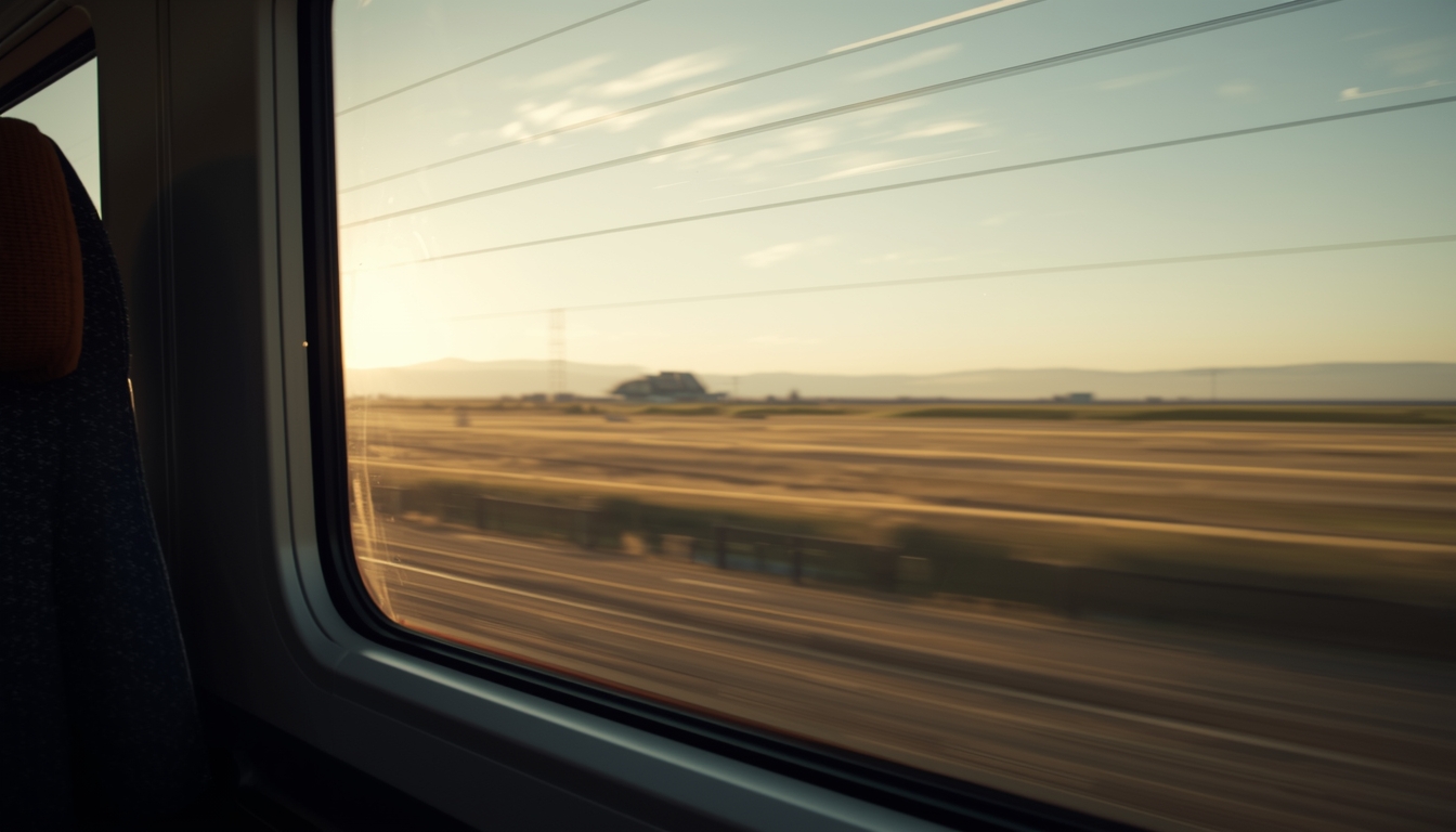 View from inside a moving train looking through a window at softly blurred landscape in warm golden light, capturing a quiet reflective travel moment.
