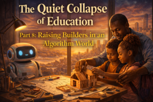 Father guiding his son and daughter as they build a small wooden house at a worktable, symbolizing hands-on learning in an AI-driven world.