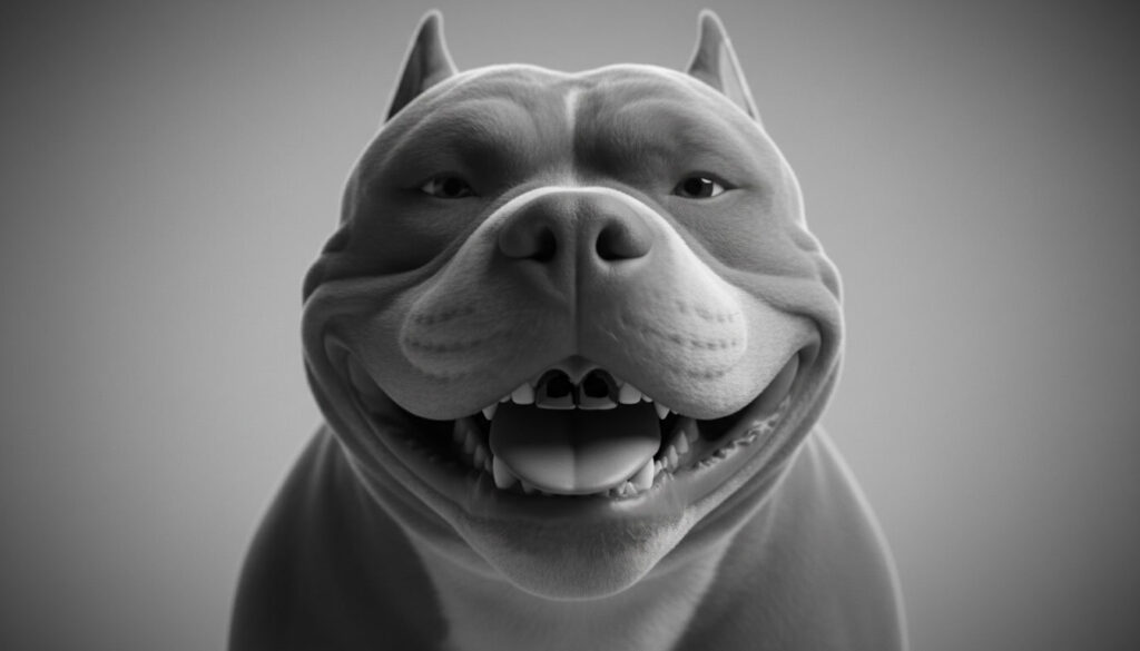 Close-up black and white 3D render of a muscular bully dog with a confident goofy grin and one dark standout tooth, minimalist studio background, humorous expression representing bold confidence