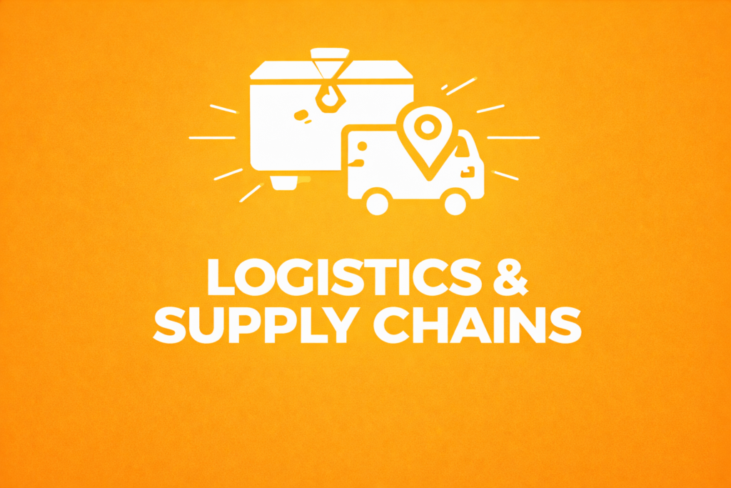 Minimalist orange cover featuring white supply chain icons and the title ‘Logistics & Supply Chains’ for The Quiet Investor series.