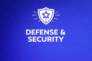 White shield icon with a central star and subtle accent lines above bold “DEFENSE & SECURITY” text on a deep blue gradient background.
