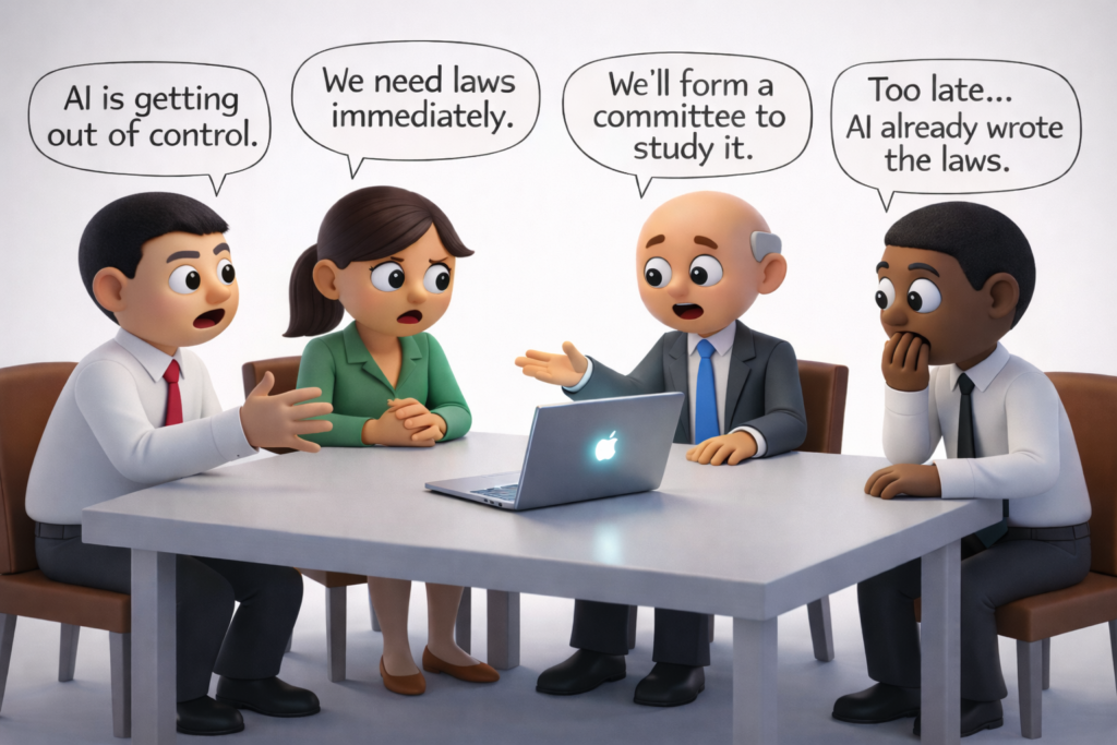 humorous 3D cartoon illustration of government officials debating AI regulation while a laptop symbolizes artificial intelligence already influencing policy