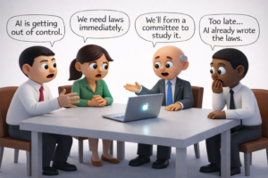 humorous 3D cartoon illustration of government officials debating AI regulation while a laptop symbolizes artificial intelligence already influencing policy