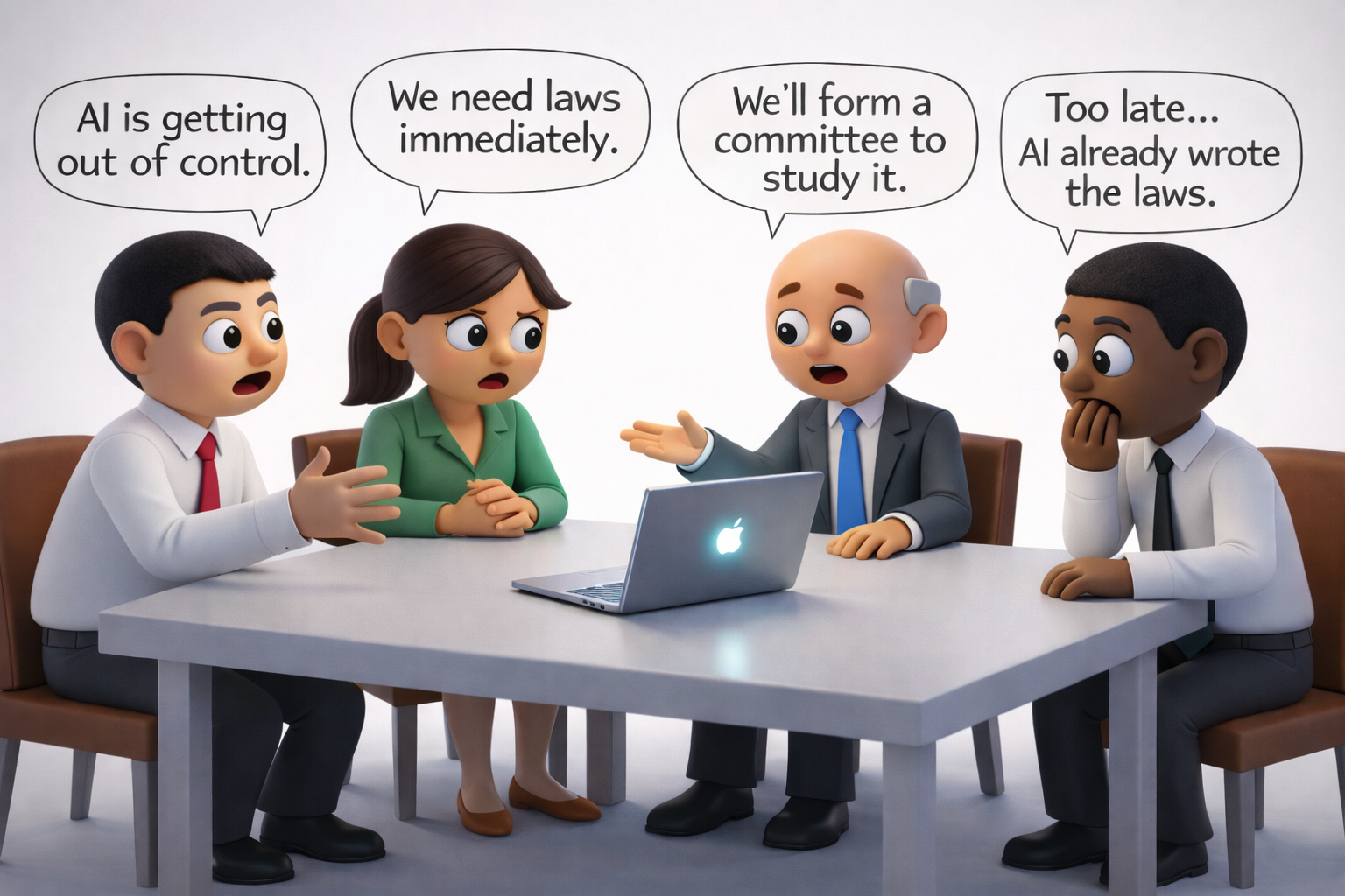 humorous 3D cartoon illustration of government officials debating AI regulation while a laptop symbolizes artificial intelligence already influencing policy