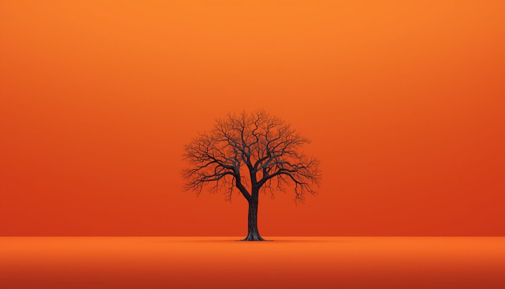 Minimalist bare tree on bold orange background representing collapse and clarity in The Quiet Truth Project.