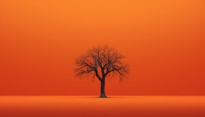 Minimalist bare tree on bold orange background representing collapse and clarity in The Quiet Truth Project.