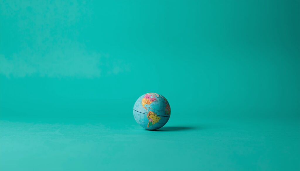 Toy globe on a neon teal background symbolizing global AI impact