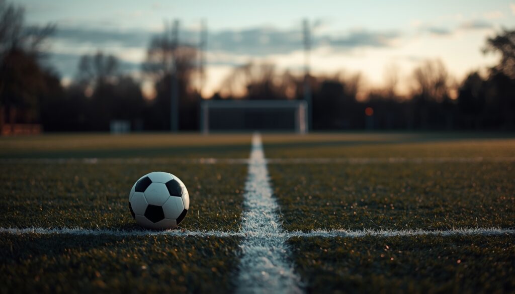 Single soccer ball resting near the sideline on an empty field at dusk with soft natural light and a reflective mood