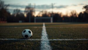 Single soccer ball resting near the sideline on an empty field at dusk with soft natural light and a reflective mood