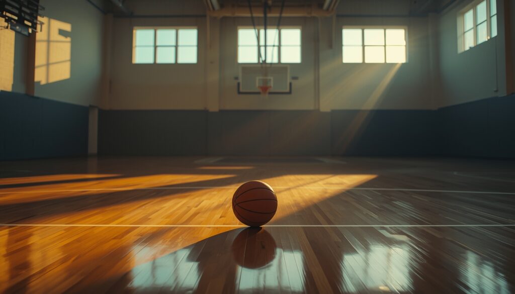 Empty indoor basketball court at golden hour with a single basketball resting near the sideline, cinematic and minimalist