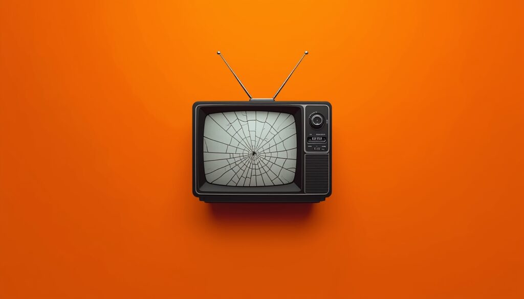 Minimalist vintage television with cracked screen on bold orange background representing distraction as strategy in The Quiet Truth Project.