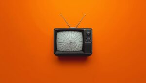 Minimalist vintage television with cracked screen on bold orange background representing distraction as strategy in The Quiet Truth Project.
