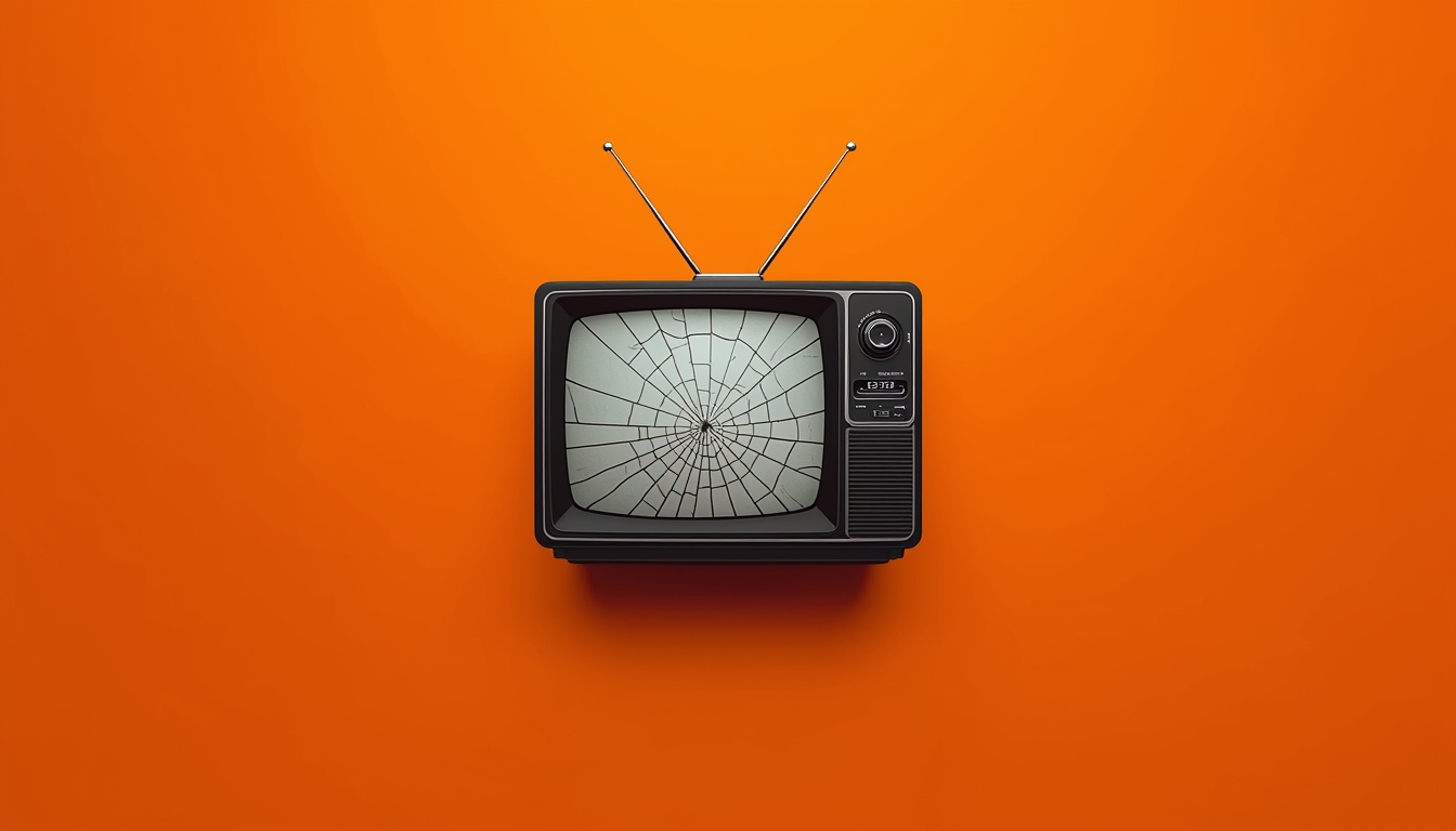 Minimalist vintage television with cracked screen on bold orange background representing distraction as strategy in The Quiet Truth Project.