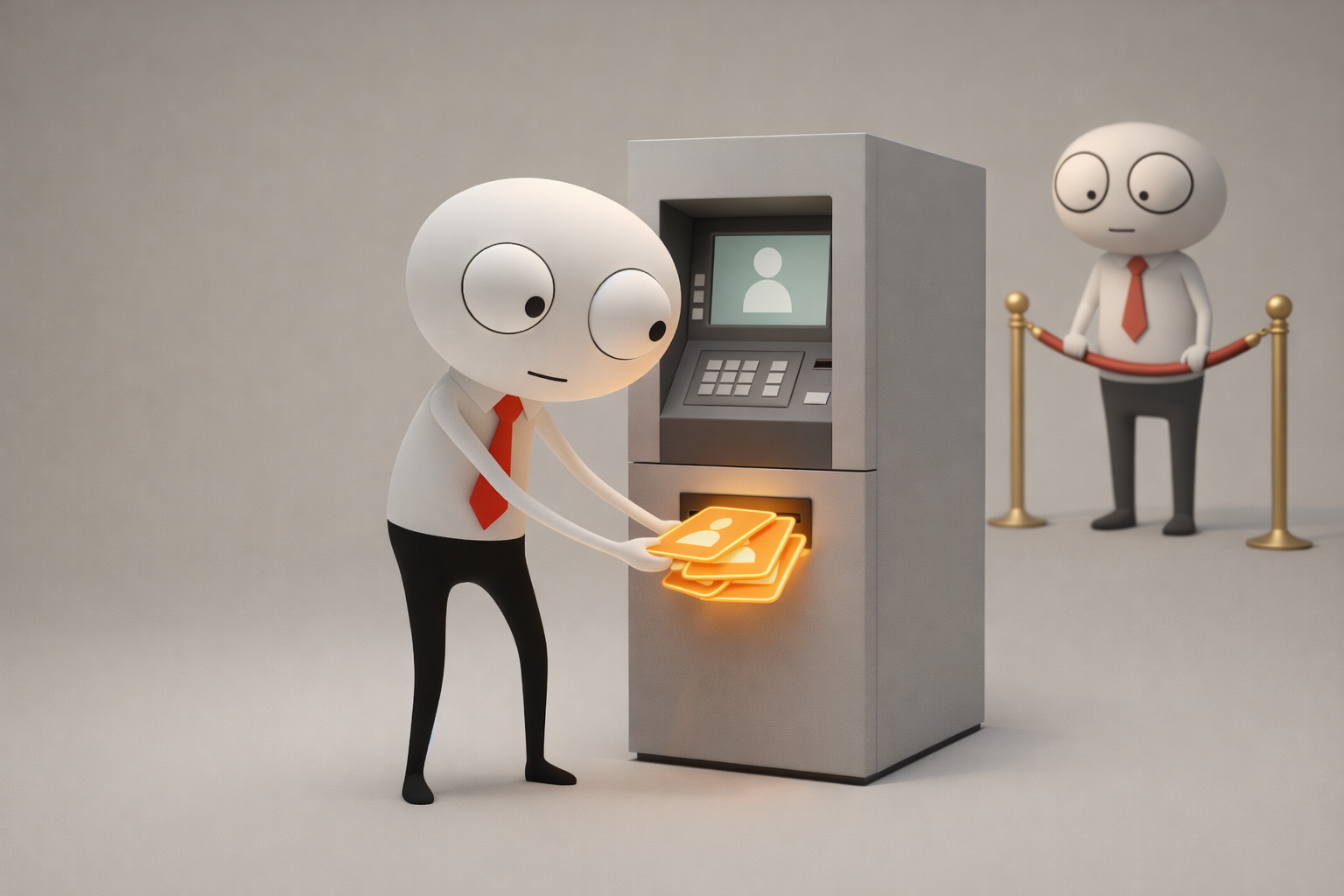 3D illustration of a cartoon character withdrawing glowing access cards from an ATM while another character waits behind a velvet rope, symbolizing paid access to people
