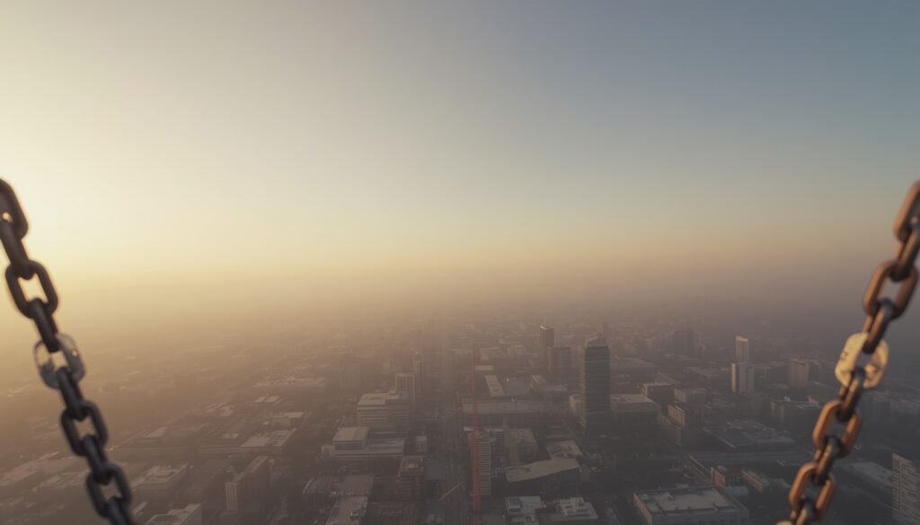 Elevated view above a softly hazy city at golden hour, framed by subtle swing chains, capturing a calm and weightless moment of reflection