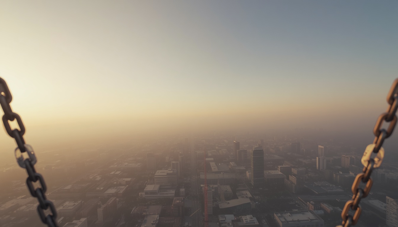 Elevated view above a softly hazy city at golden hour, framed by subtle swing chains, capturing a calm and weightless moment of reflection