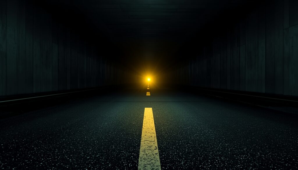 Faded road line centered in neon yellow environment symbolizing long-term health and endurance