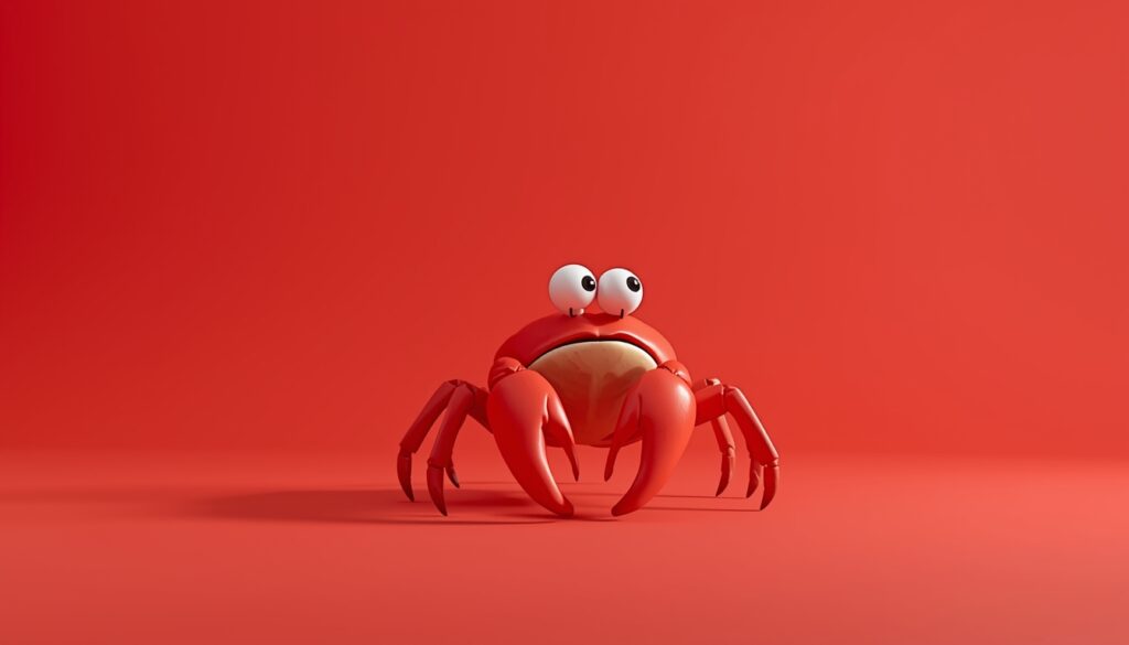 3D animated crab on red background symbolizing course correction
