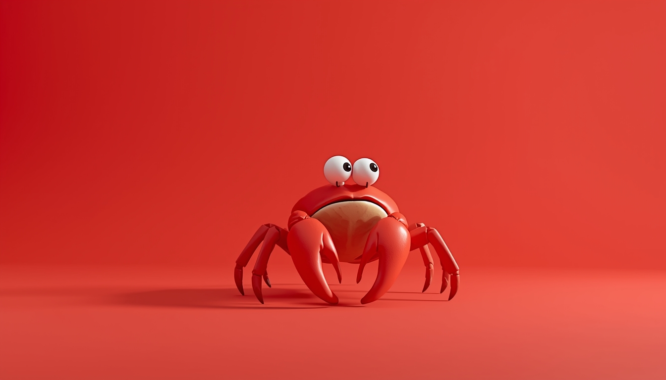 3D animated crab on red background symbolizing course correction