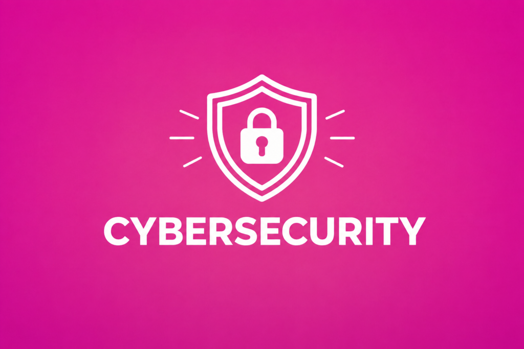 Cybersecurity system cover with a pink gradient background and a white shield