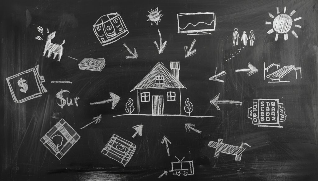 childlike chalk drawing of a house surrounded by simple drawings of money, car, family, dog, tv, and sun representing a kid’s idea of the american dream